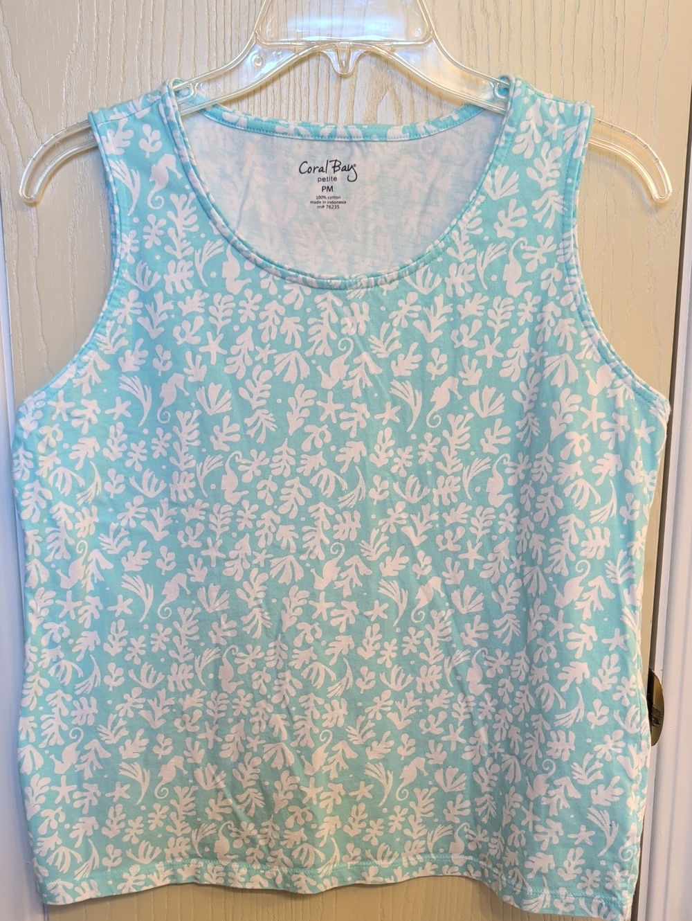 Coral Bay Mint Green Floral Tank Top Petite M | 100% Cotton Scoop Neck